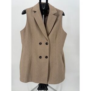 Herringbone Double Breasted Wool Blend Vest Tan XL Sleeveless Blazer Coat Work